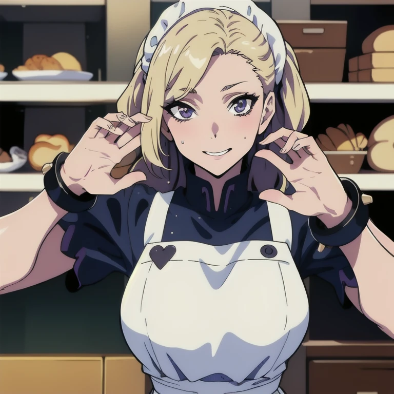 ((masterpiece, best quality, highres, UHD, perfect pixel, depth of field, 8k, RTX, HDR)), BREAK, 1girl, single, solo, beautiful anime girl, beautiful artstyle, anime character, ((long hair, blond hair)), (purple:1.4, rounded eyes, beautiful eyelashes, realistic eyes),big breast, without clothes wearing only a white apron, covered in sweat, blushing, with a smile, BREAK, holding a bitten bread in the hand, sexy pose in a pastry shop with shelves with a lot of bread.