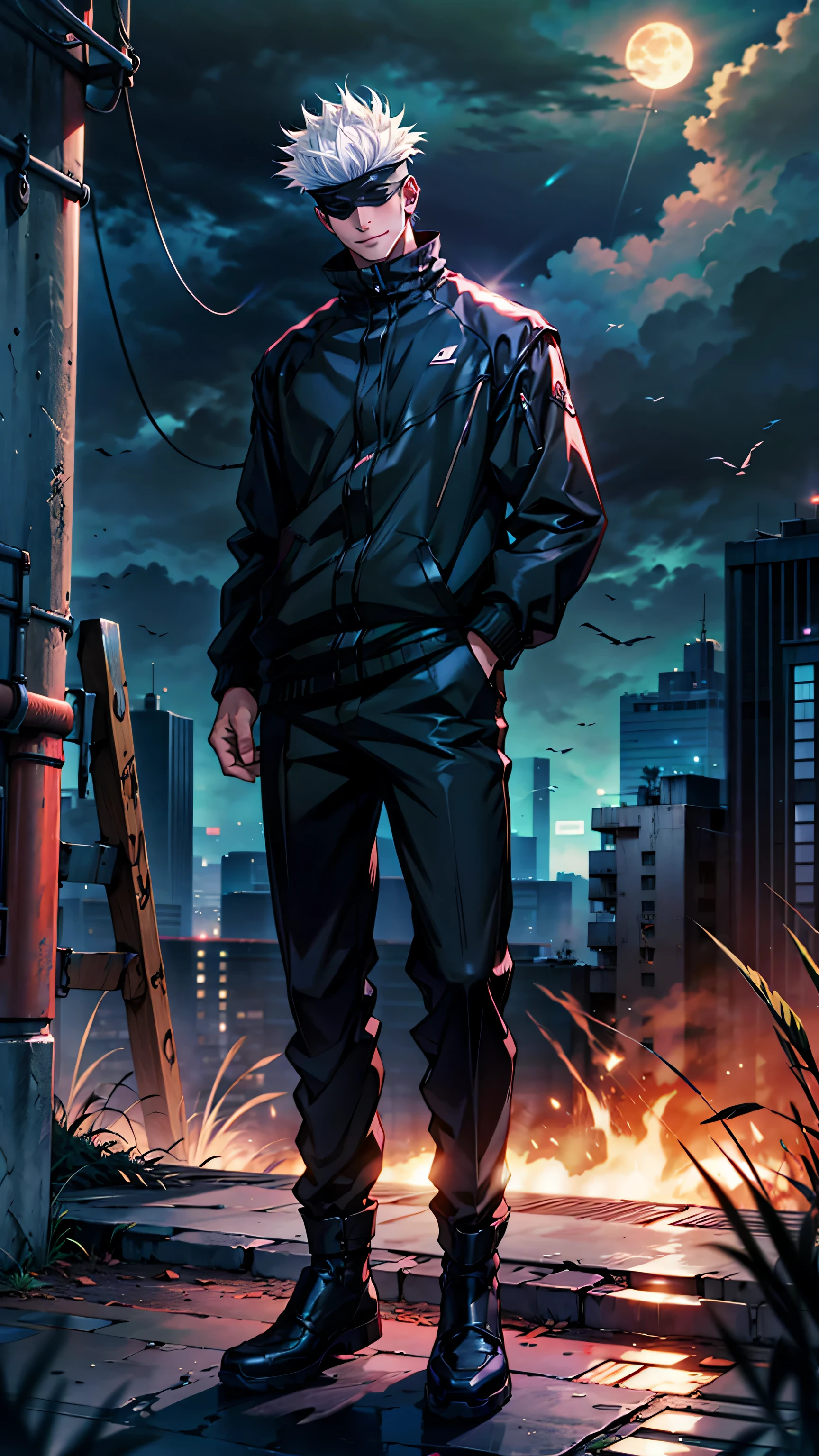 1boy, full body shot, perfect hand and fingers, satoru gojo, blindfold, black outfit, white hair, look at sky, smirk, red and blue moon city night background, wallpaper, cinematic,High resolution 8K, Bright light illumination, lens flare, sharpness, masterpiece, top-quality, The ultra -The high-definition, high resolution, extremely details CG, Anime style, Film Portrait Photography,masterpiece,hyperdetail