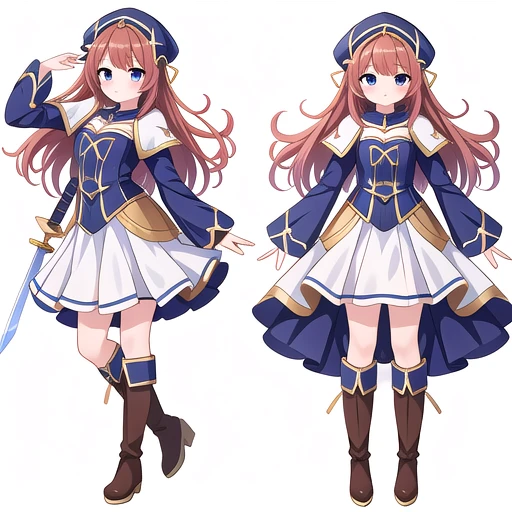 masterpiece, best quality, cute eyes, 1girl, solo, high fantasy costume, random pose,  ((white background)), full body, multiple views, boots, sword,