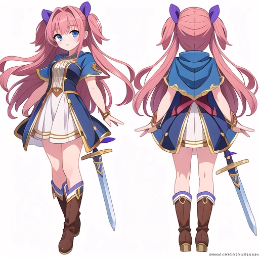 masterpiece, best quality, cute eyes, 1girl, solo, high fantasy costume, random pose,  ((white background)), full body, multiple views, boots, sword,