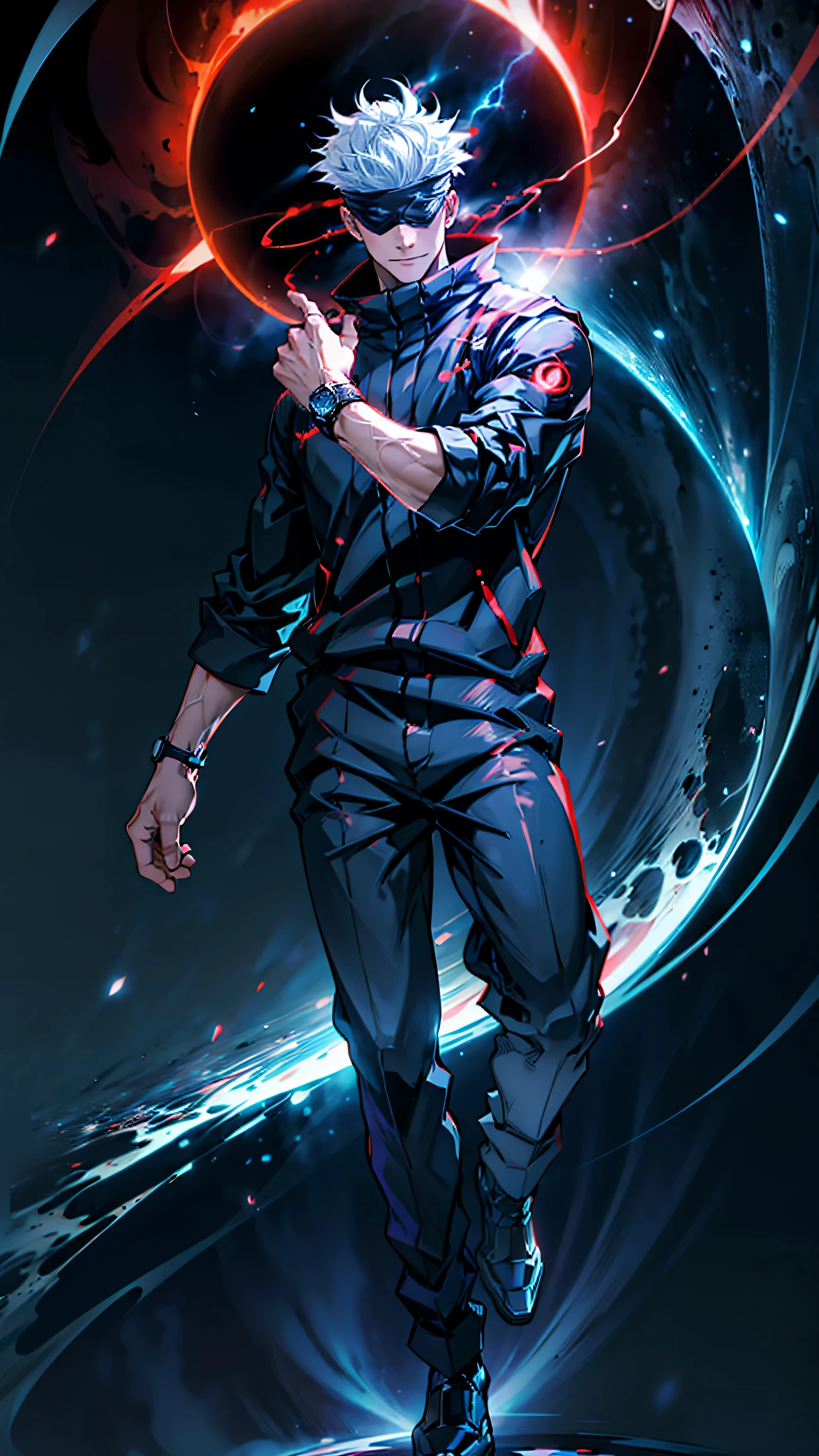 1boy, full body shot, satoru gojo, blindfold, black outfit, white hair, use skill pose (( red energy void in right hand,blue energy void in left hand)), smirk, red and blue moon background, wallpaper, cinematic,High resolution 8K, Bright light illumination, lens flare, sharpness, masterpiece, top-quality, The ultra -The high-definition, high resolution, extremely details CG, Anime style, Film Portrait Photography,masterpiece,hyperdetail