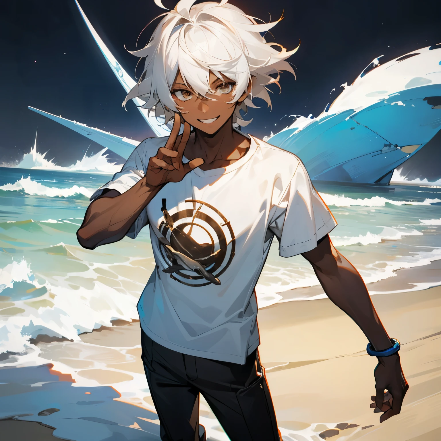 1male , Young Male , Dark Skin , White Hair , Messy Hair , Black Shortsleeve T-Shirt with a white Planet symbol , Standing on beach , smiling expression