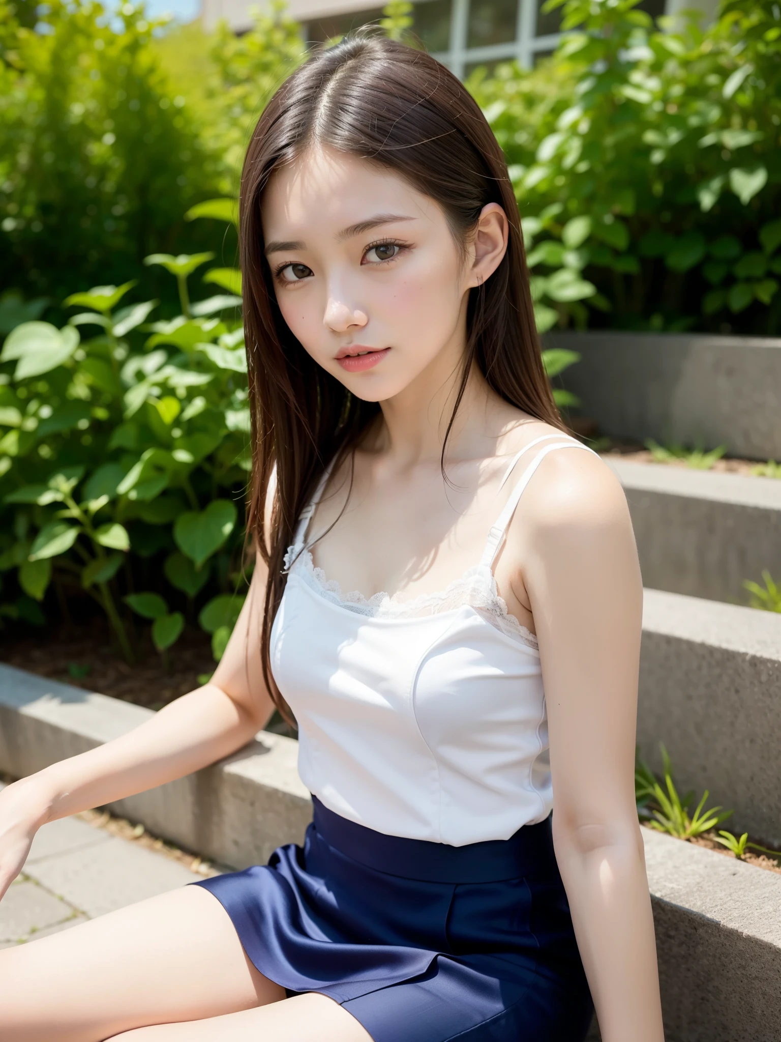 ((Best of the highest quality, 8k, Masterpiece: 1.3, raw photo)), Sharp focus: 1.2, (1 AESPA girl: 1.1), (Solo: 1.18), (realistic, photo-realistic:1.37), face focus, cute face, finely eyes, (Small breasts, flat chest, Thigh: 1.2), (business skirt, neat silk camisole: 1.4), short messy hair, updo, sitting garden, flower,
