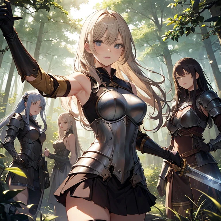 A group of female knight, (in forest), various hair styles, harem, wearing armored clothes, metal armor, night, details face, , short skirt, seducing, sword, showing armpits, sleeveless, erotic