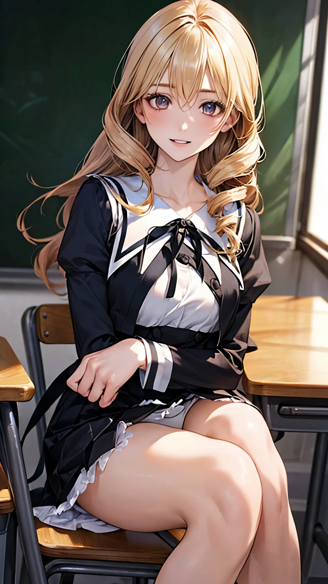 (masterpiece:1.2, top-quality), (realistic, photorealistic:1.4), beautiful illustration, (natural side lighting, movie lighting), nsfw,
looking at viewer, 1 girl, japanese, high school girl, perfect face, cute and symmetrical face, shiny skin,
(long hair, drill hair, blonde hair), hair between eyes, gold eyes, long eye lasher, (medium breasts), slender,
beautiful hair, beautiful face, beautiful detailed eyes, beautiful clavicle, beautiful body, beautiful chest, beautiful thigh, beautiful legs, beautiful fingers,
(YurigaokaUniform), white panty,
(beautiful scenery), morning, (classroom), sitting, raise knee, (lovely smile, upper eyes, parted lips),