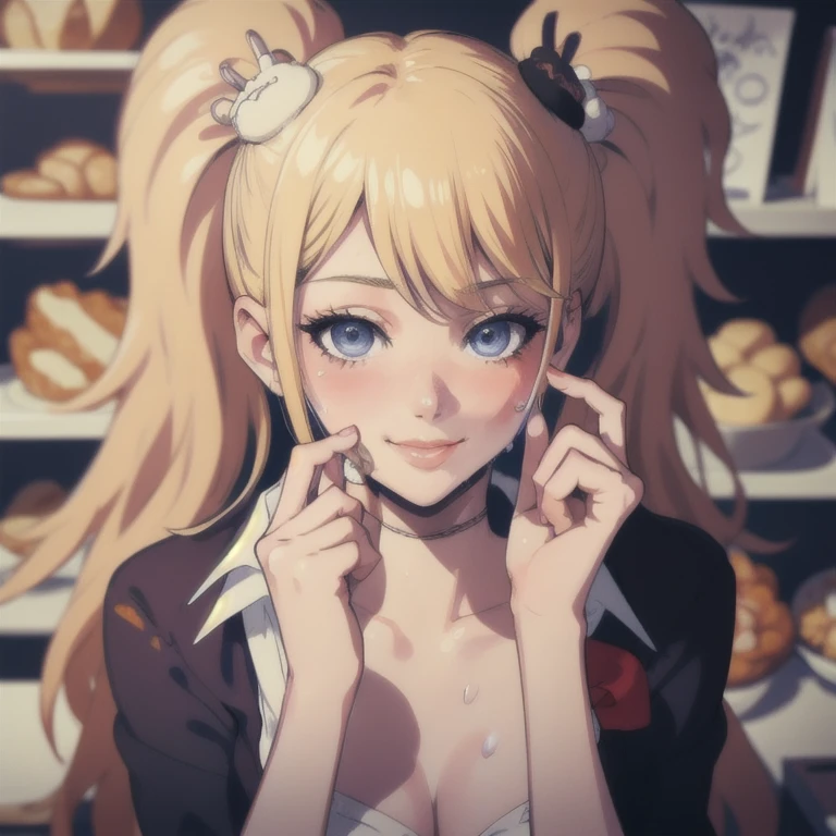 ((masterpiece, best quality, highres, UHD, perfect pixel, depth of field, 8k, RTX, HDR)), BREAK, 1girl, single, solo, beautiful anime girl, beautiful artstyle, anime character, ((long hair, blond hair)), (purple:1.4, rounded eyes, beautiful eyelashes, realistic eyes),big breast, without clothes wearing only a white apron, covered in sweat, blushing, with a smile, BREAK, holding a bitten bread in the hand, sexy pose in a pastry shop with shelves with a lot of bread.