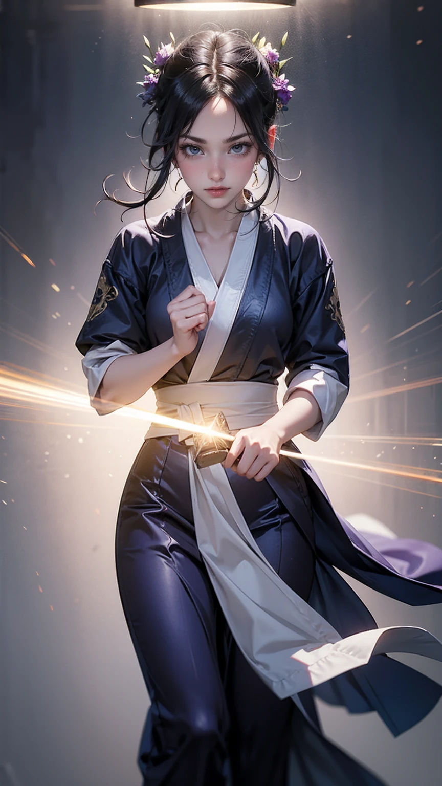 handsome chinese girl, clear eyes, clear facial features, wearing Hanfu, fighting stance, Martial arts moves, A body wrapped in purple mist, Runes around, holographic reality, holographic halo, motion blur, game light effects, edge light, soft light, movie edge light, delicate light, masterpiece, Super detailed, magnificent composition, super hd, high quality, 最high quality, 32k