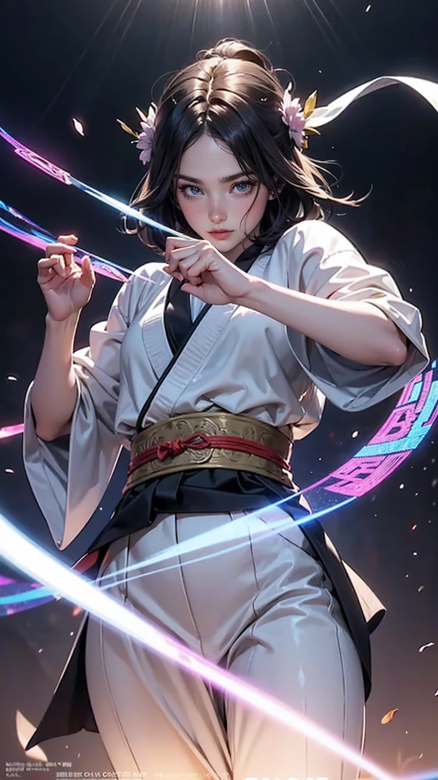 handsome chinese girl, clear eyes, clear facial features, wearing Hanfu, fighting stance, Martial arts moves, A body wrapped in purple mist, Runes around, holographic reality, holographic halo, motion blur, game light effects, edge light, soft light, movie edge light, delicate light, masterpiece, Super detailed, magnificent composition, super hd, high quality, 最high quality, 32k