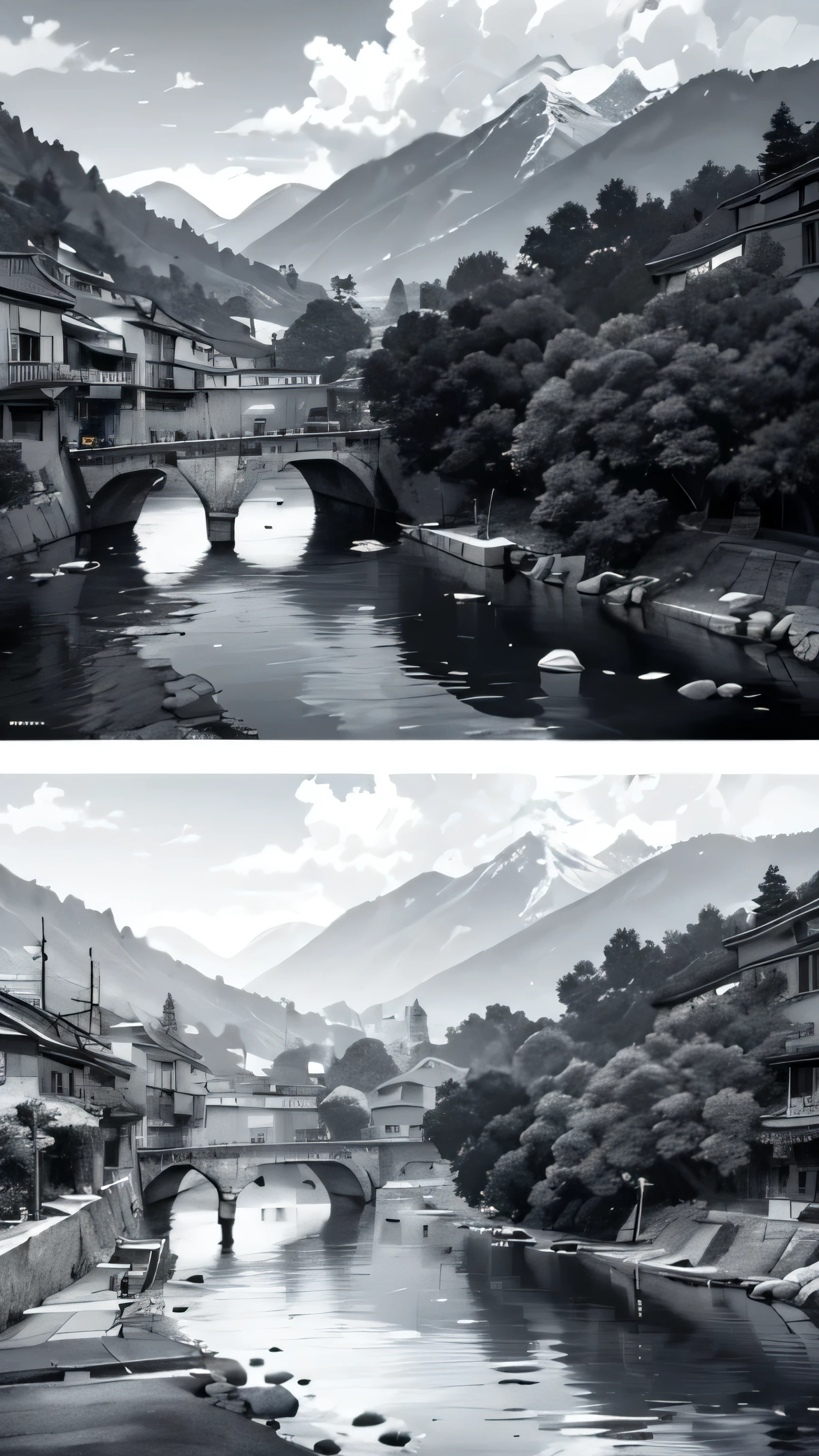 Mixed plugin layout, By Amano Yoshitaka, Proficient in digital art and (Amano Yoshitaka) Elaborately crafted. This work is very popular on ArtStation,It is compatible with Unreal Engine. The scene has traditional Chinese architectural features,The cityscape resembles a dense forest, With majestic mountains in the background,Flowing water and subtle elements.Black and white line drawing