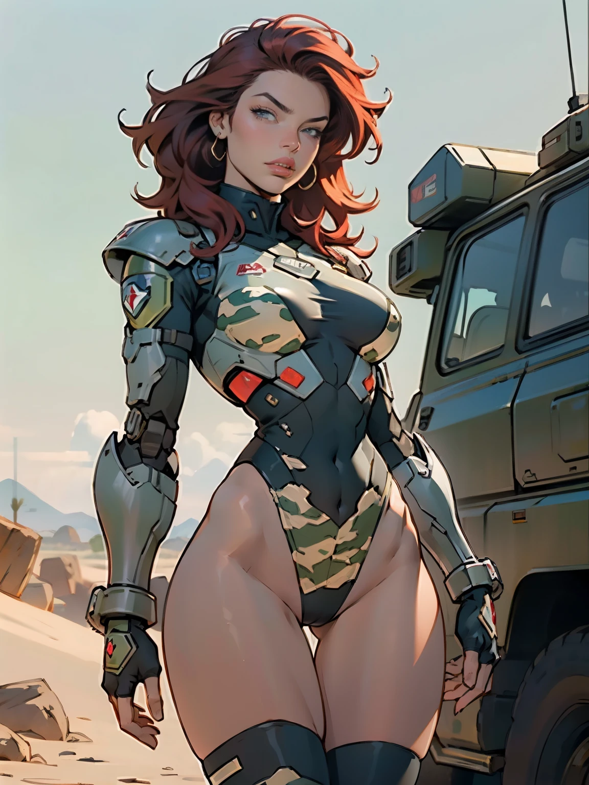 1woman 20 years old, military, beautiful, perfect body, realistic, red hair, perfect body, thin waist,  , large breasts, slim thighs, desert background, armored vehicle, flying fighters, military robot dog, camouflaged uniform, wealth of details, tight panties, marking on the front, slender knees, highly detailed, high resolution, prefect hands, slender thighs, show knees, thigh gap, alert eyes