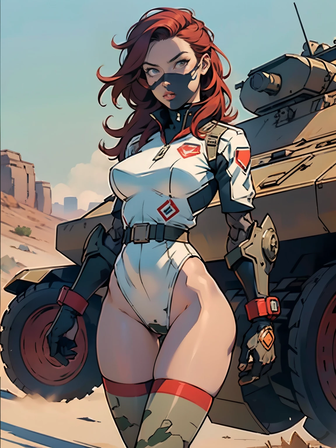 1woman 20 years old, military, beautiful, perfect body, realistic, red hair, perfect body, thin waist,  , large breasts, slim thighs, desert background, armored vehicle, flying fighters, military robot dog, camouflaged uniform, wealth of details, tight panties, marking on the front, slender knees, highly detailed, high resolution, prefect hands, slender thighs, show knees, thigh gap, alert eyes