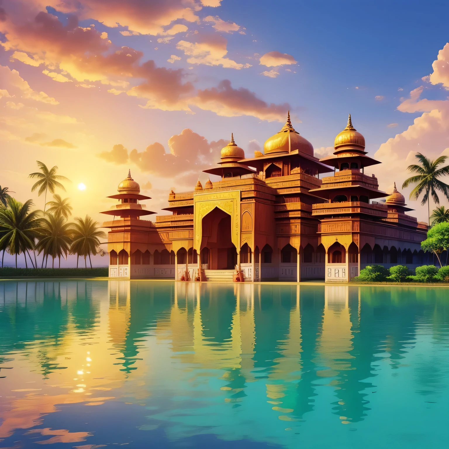 indian hindu giant palace, tropical island, sunny, anime style, indian aesthetics, hindu aesthetics, dome roofs