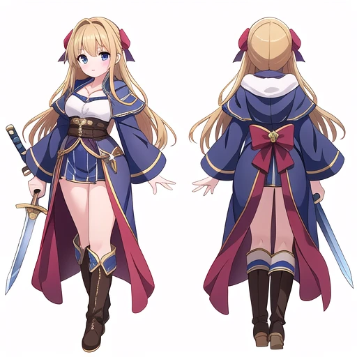 masterpiece, best quality, cute eyes, 1girl, solo, high fantasy costume, sex pose, ((white background)), full body, multiple views, boots, sword, ,