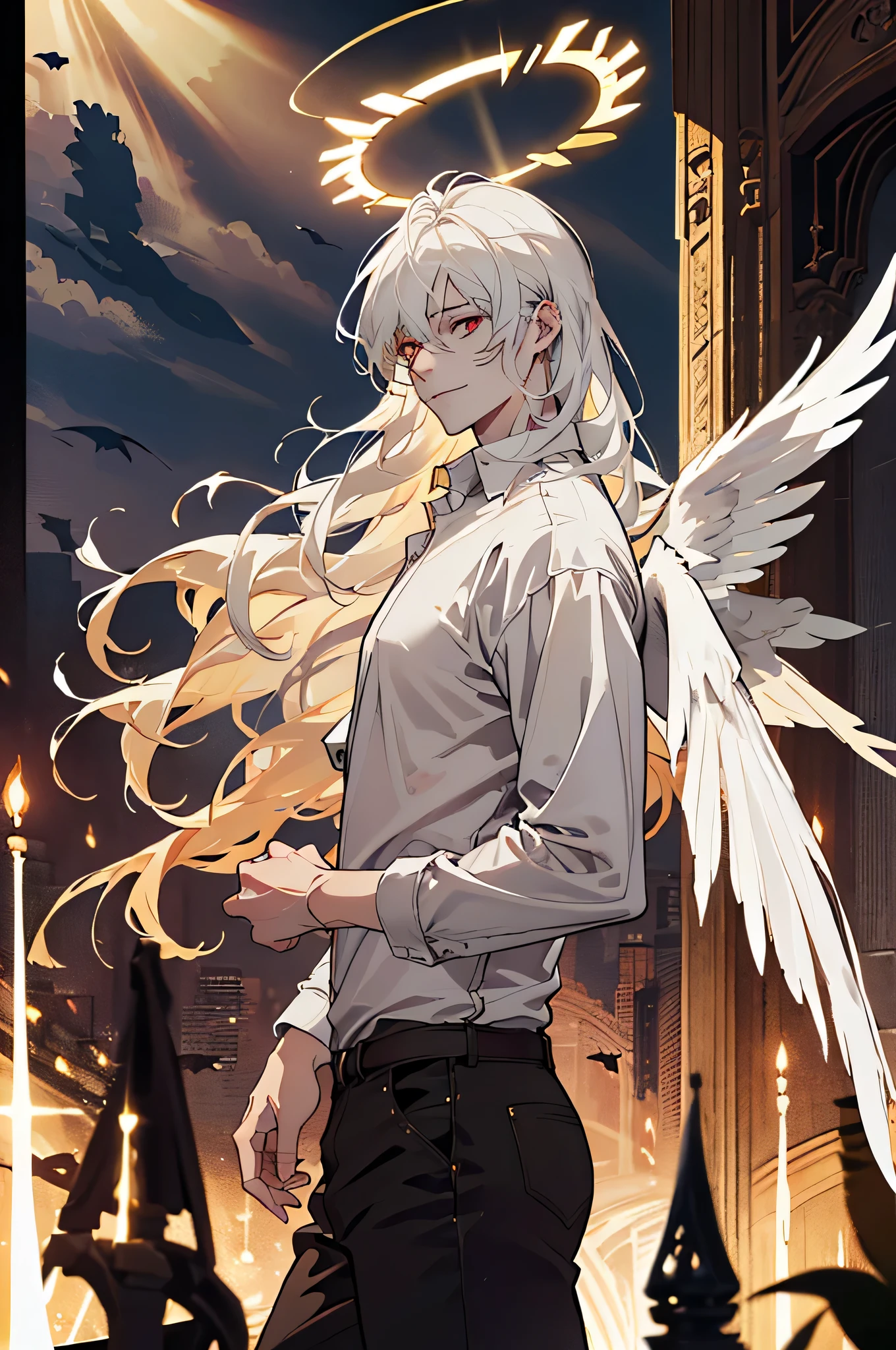 (absurdres, highres, ultra detailed), 1man, 30 years old man, adult man, handsome, tall,, finely detailed eyes and detailed face, leather pants, (((white shirt))), smile, dutch angle, ((Short, White hair)), gold details, gothic, vampire, vampire prince, looking at the view, pale skin, detailed eyes, (masculine), sexy, elegant, (((red eyes))), high quality eyes, well built body, sunny, sun, bright sky, proper hands, male, (golden glowing halo: 1.2), anime style, (landing_wings, large white Angel Wings)