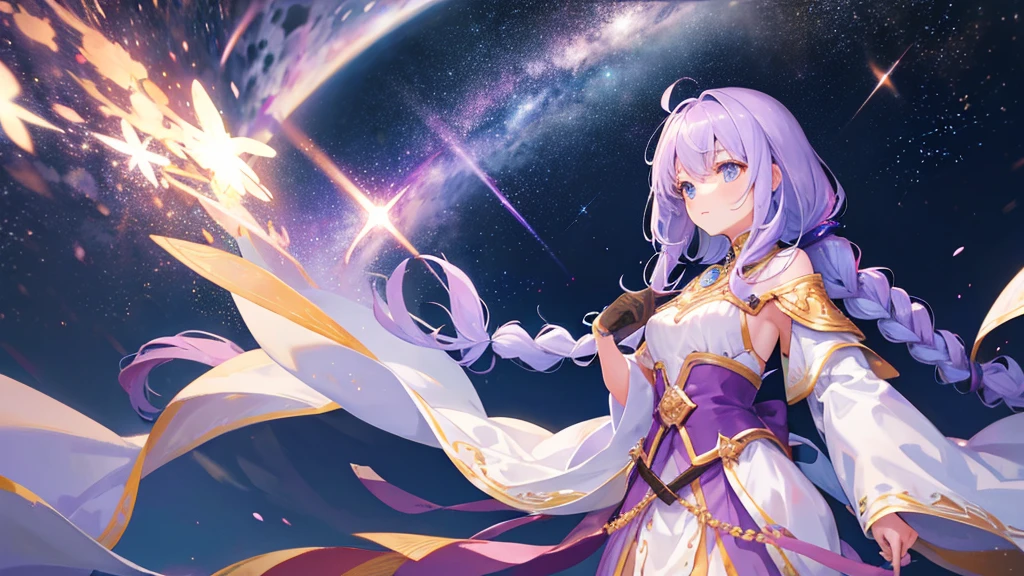 beutiful girl, light purple hair, long braid hair, galaxy, royal clothes, star, night sky