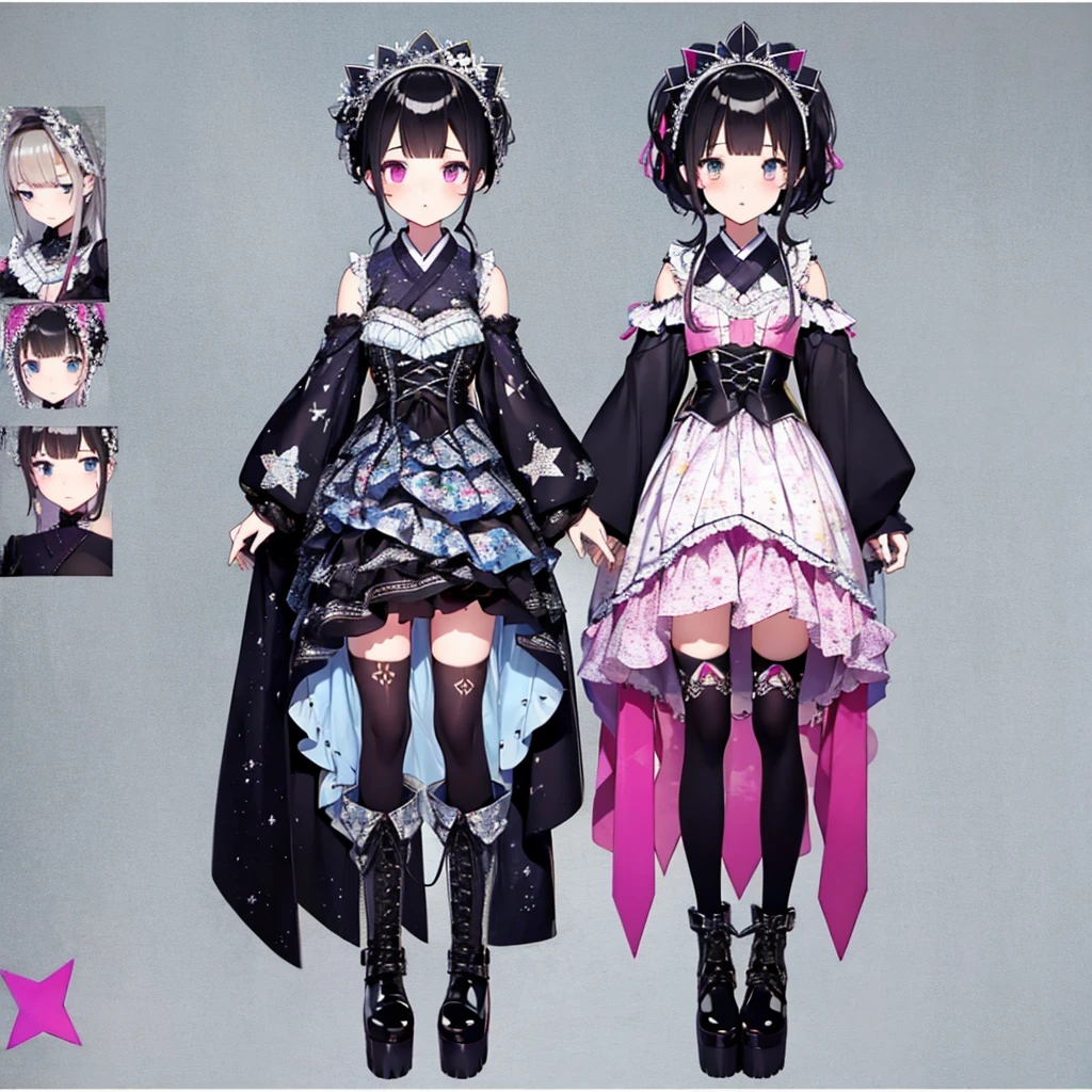 1girl、vtuber-halfbody、Star Fairy、「A beautifully printed galaxy patterned kimono and gothic lolita outfit.、Space pattern box pleated mini skirt with ruffles、front portrait、Knee-high boots、enchanting eyes、Perfect and stunning face、exquisite details、clear image、highest quality。」short hair、lower body shot、Focus on boots、