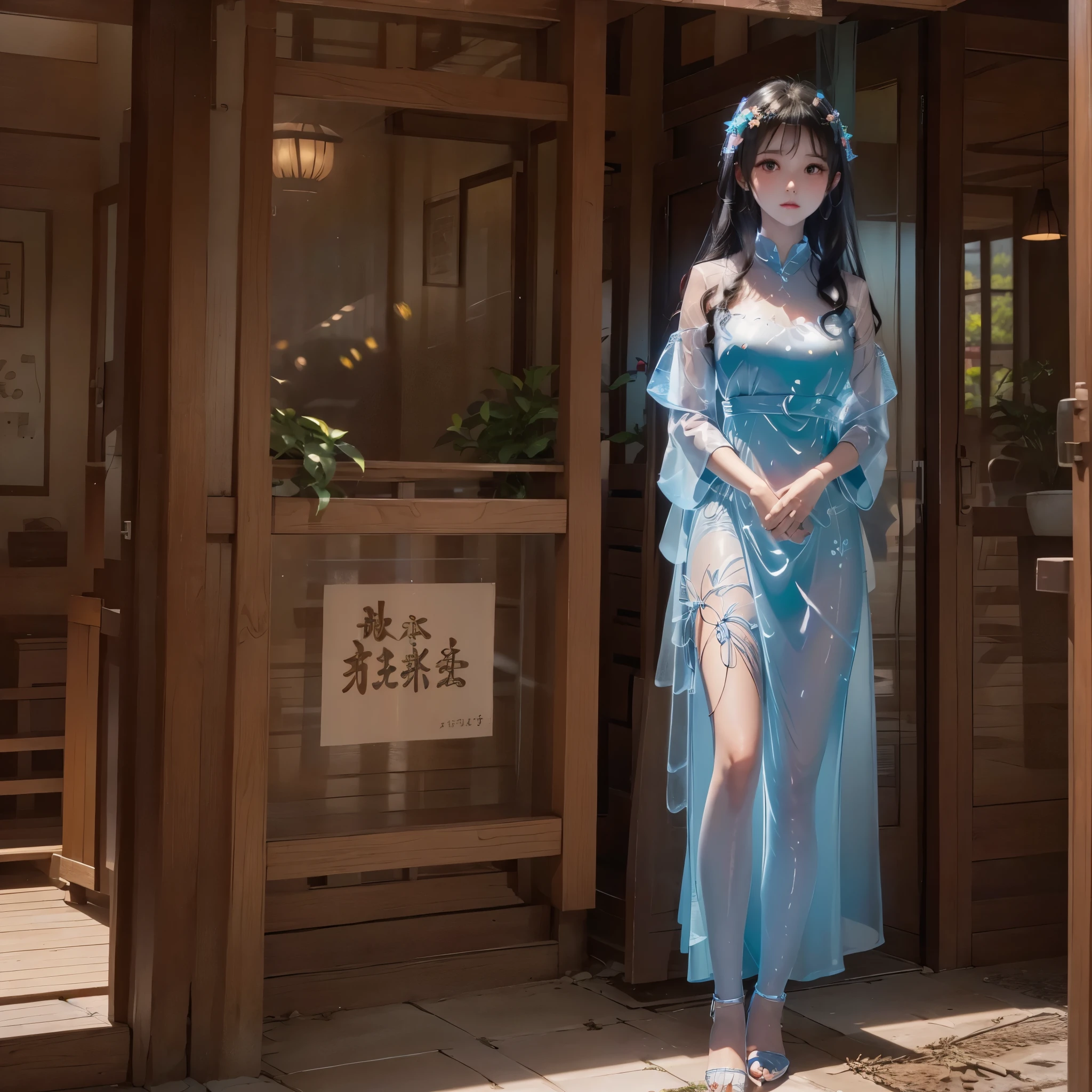((highest quality)), ((pieces fly)), (detailed face), (highlight), emphasize big breasts、young girl、dull bangs、black hair、patterned kimono、armor