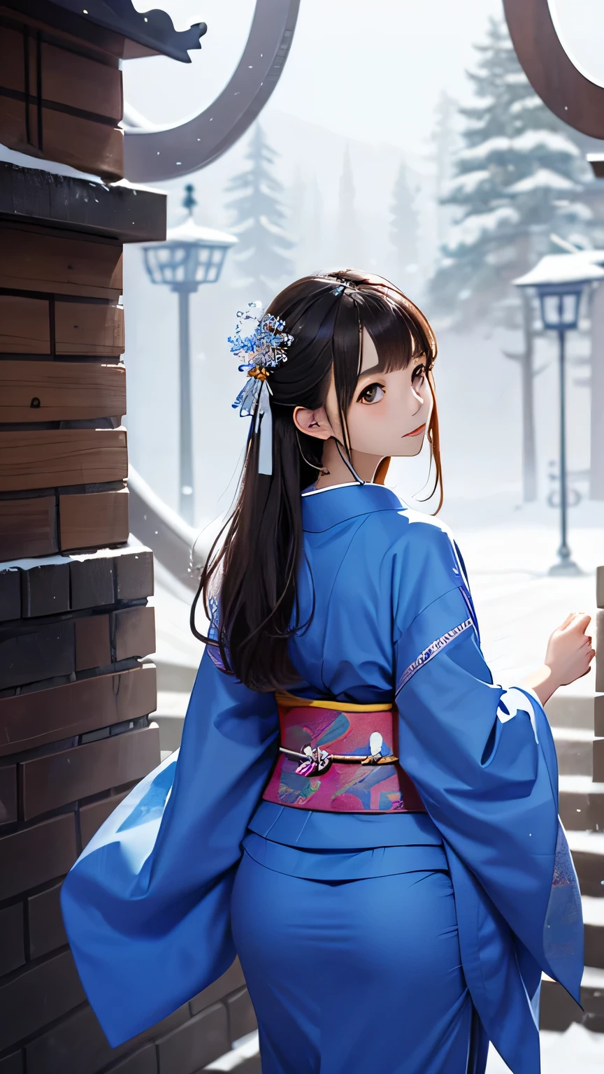 (((Masterpiece))),((top quality)),one beautiful girl,bangs、(Pure white kimono)、snow girl, beautiful digital artwork, Beautiful snow girl, beautiful fantasy art, very beautiful fantasy art, beautiful digital art,(turn around:1.5)