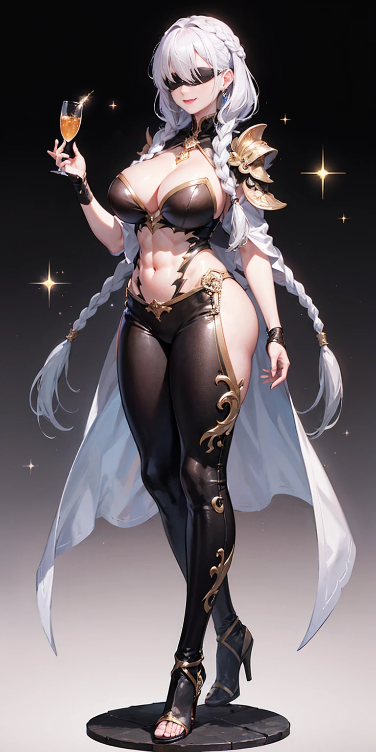 (masterpiece, hiquality: 1.1) 1girl full body standing good face, nice ass, hairstyle: braid, Color Hair: White long hair, Blindfolded: NO EYES, Skin: White (porcelain skin, sparkly skin), muscular, thights, mature woman, abs, looks at the viewer smiling, extremely huge breasts, maternal, chest cover with clothes