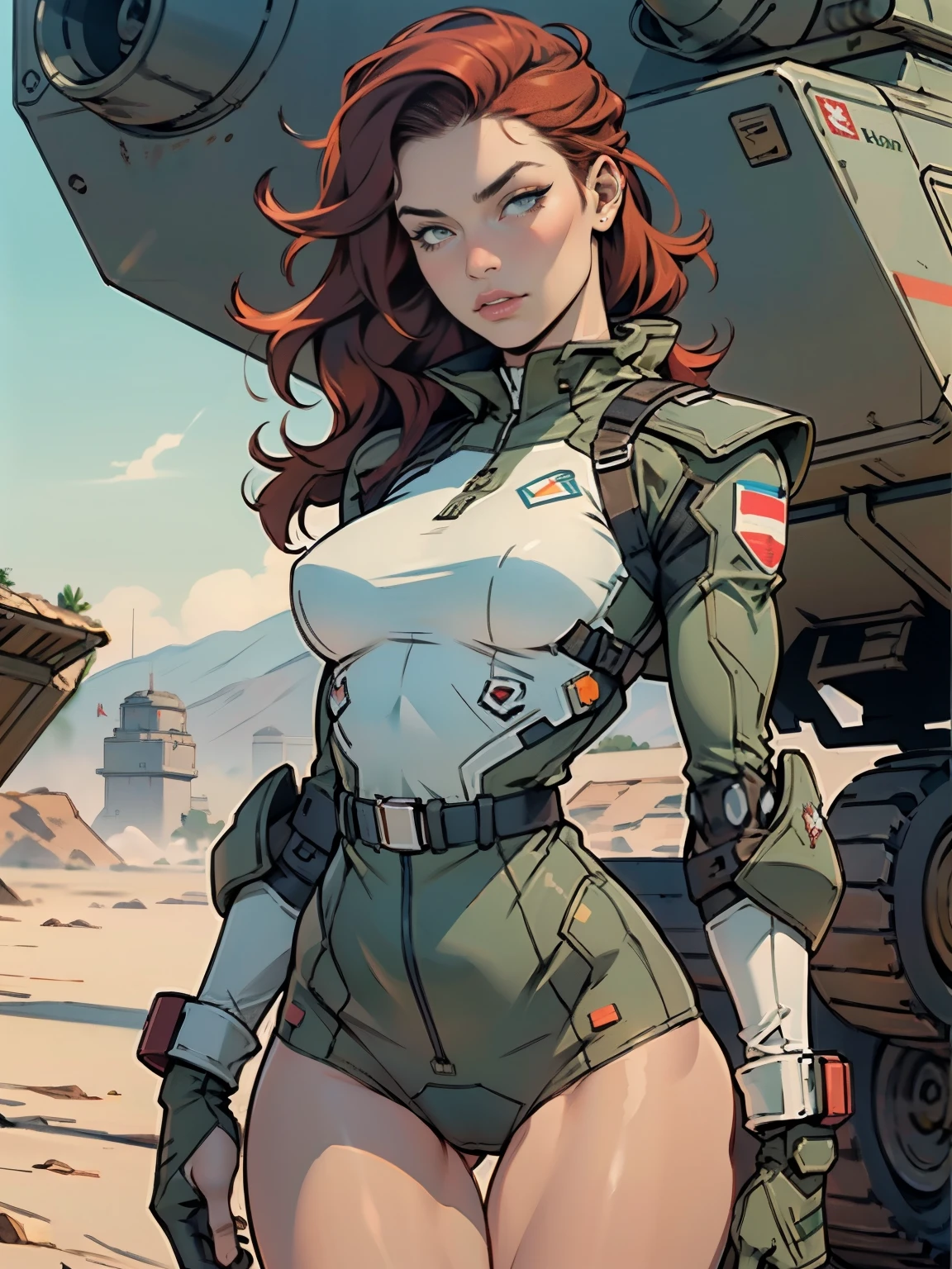 1woman 20 years old, military, beautiful, perfect body, realistic, red hair, perfect body, thin waist, , large breasts, slim thighs, desert background, armored vehicle, flying fighters, military robot dog, camouflaged uniform, wealth of details, tight panties, marking on the front, slender knees, highly detailed, high resolution, prefect hands, slender thighs, show knees, thigh gap, alert eyes