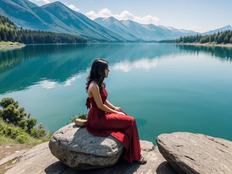 A beautiful girl in a red long dress, Sits on a rock high above the lake in the afternoon. Against the background of the blue sky and the lake in the shape of a heart. 