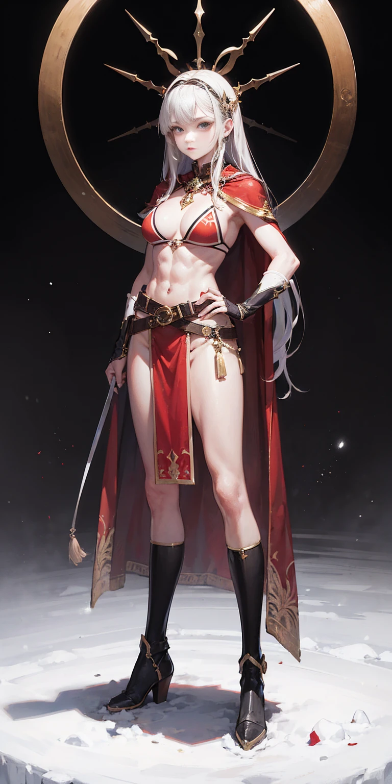 full body standing straight symmetrical, FEMALE warrior princess, big belt around waist, hair, very white skin like snow, strong abs, red tattoo belly, red loincloth, tiger bikini, blue cape, sleeveless, black long socks