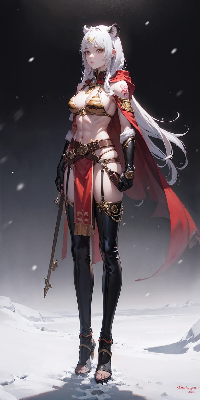 full body standing straight symmetrical, FEMALE warrior princess, big belt around waist, hair, very white skin like snow, strong abs, red tattoo belly, red loincloth, tiger bikini, blue cape, sleeveless, black long socks