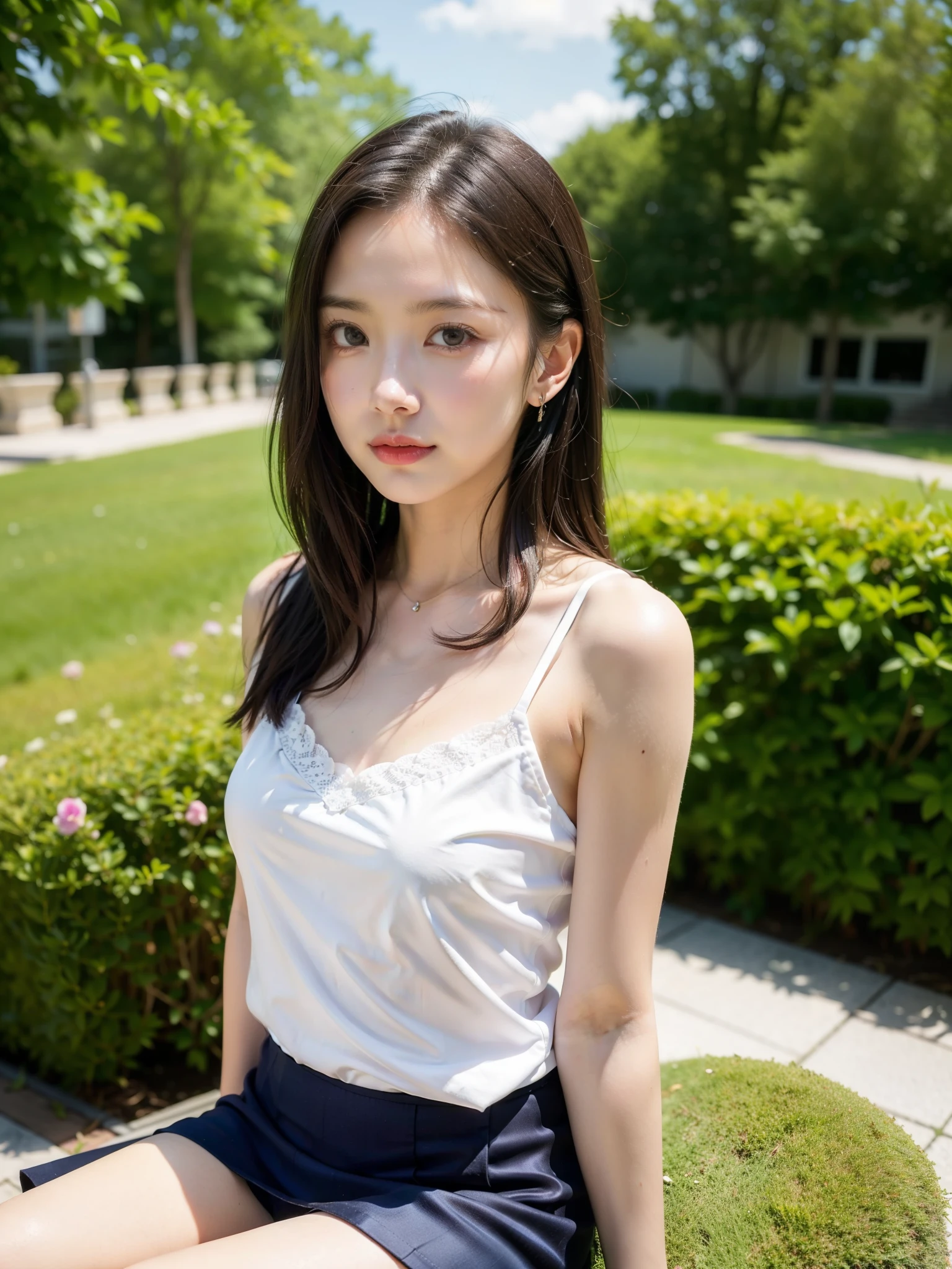 ((Best of the highest quality, 8k, Masterpiece: 1.3, raw photo)), Sharp focus: 1.2, (1 AESPA girl: 1.1), (Solo: 1.18), (realistic, photo-realistic:1.37), face focus, cute face, finely eyes, (Small breasts, flat chest, Thigh: 1.2), (business skirt, neat silk camisole: 1.4), short messy hair, updo, sitting garden, flower,