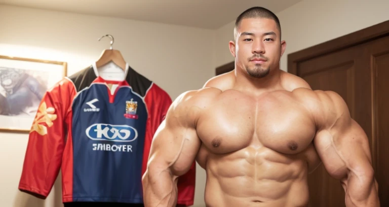 (smirking rugby player:1.4), (at bed room:1.4), (Japanese face:1.4), (Korean face:1.4), (Chinese face:1.4), (Taiwanese face:1.4), manly face, fat face, (round face:1.4), (monolid eyes:1.2), (buzz cut:1.5), very large and strong body, bulky body, beefy muscles, (bulging muscles:1.4), (very large pectoral muscles:1.4), (muscular arms:1.4), muscular abs, muscular legs, muscular back, bright oily skin, (realistic:1.2), distant view