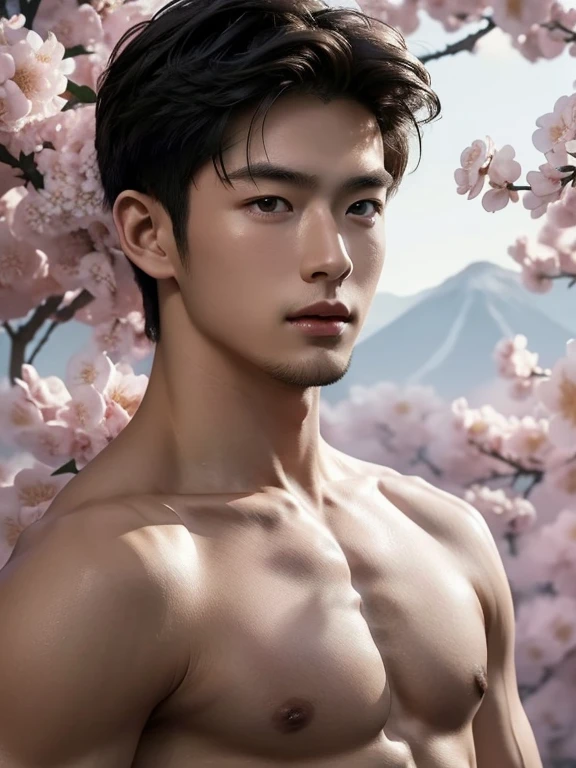 Naked man, many flower petals on the body , realistic handsome Japanese