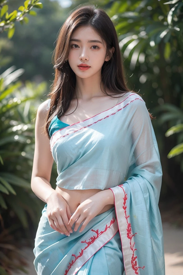 White tie-dyed silk saree with white, brown and aquamarine Nakshi Kantha embroidery. Comes with matching unstitched blouse piece attached at the end of saree. Blouse shown in the photo is a styling suggestion, it is not a part of the actual product. Pic should be Capture in nature background