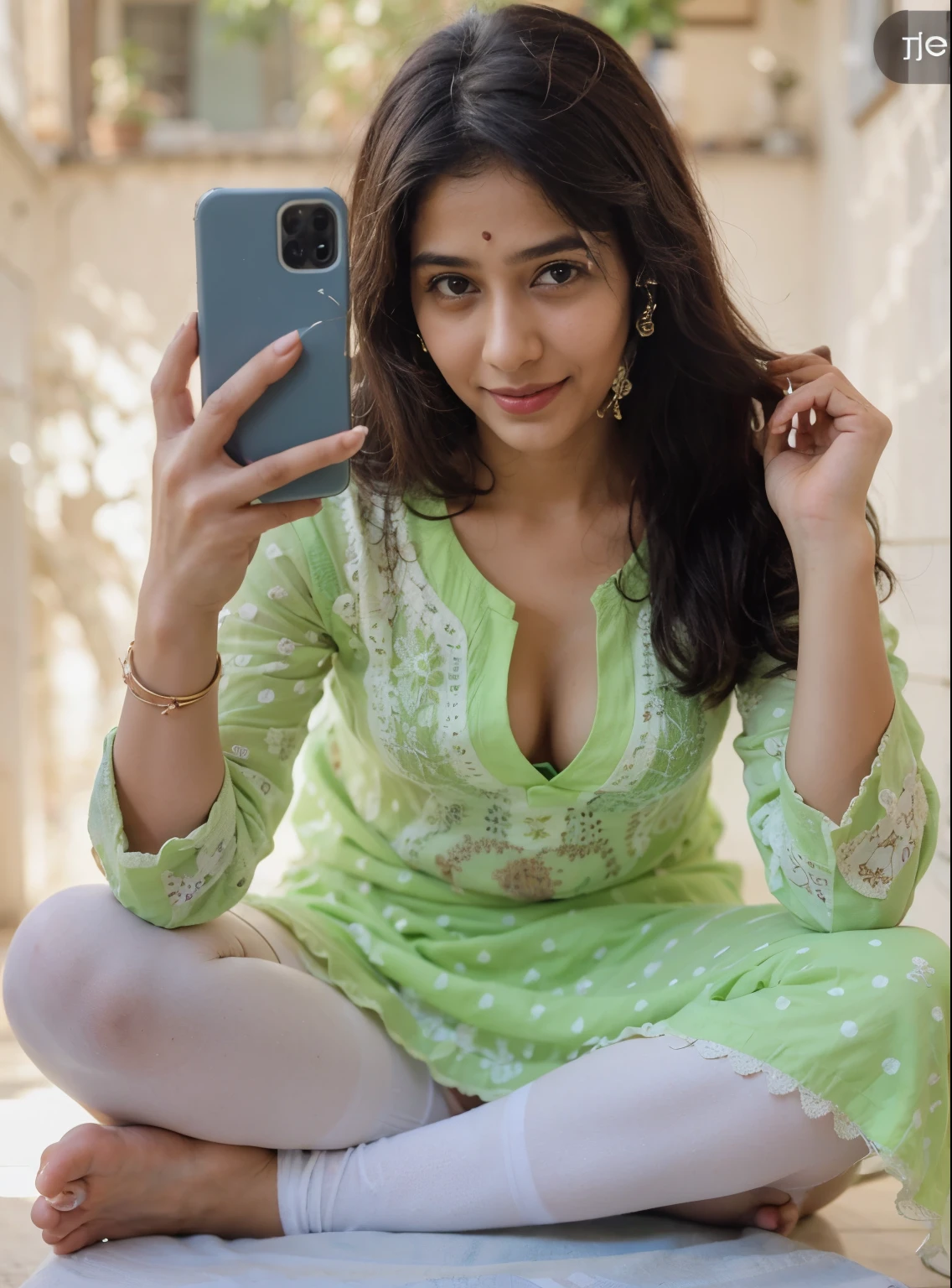 30 year old short Indian girl in navy blue chikenkari kurti with embroidery work, smiling face,round specs,showing butt to the camera