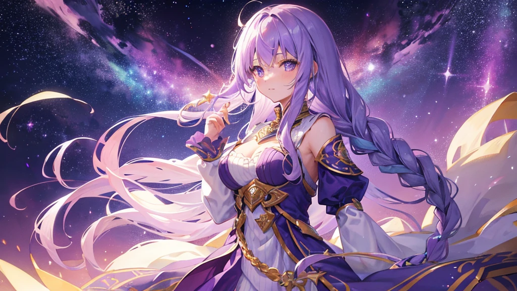 beutiful girl, light purple hair, long braid hair, galaxy, royal clothes, star, night sky