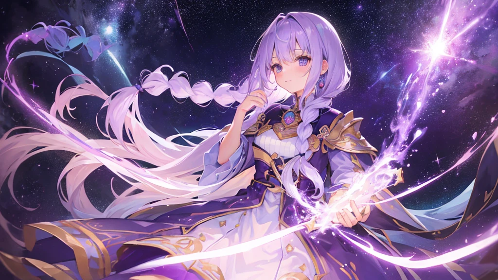 beutiful girl, light purple hair, long braid hair, galaxy, royal clothes, star, night sky