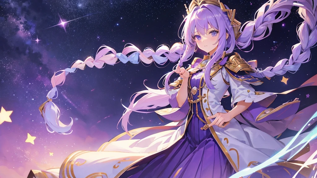 beutiful girl, light purple hair, long braid hair, galaxy, royal clothes, star, night sky