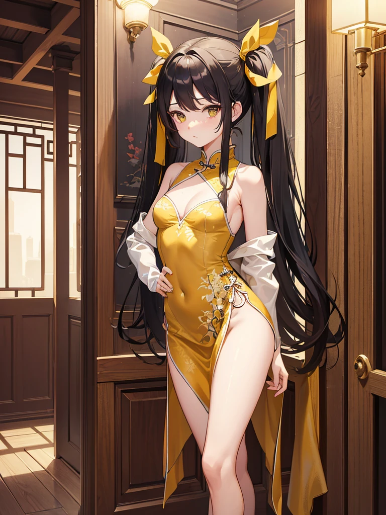masterpiece,best quality,highres,ultra-detailed,aalingyin,long hair,twintails,hair ribbon,yellow ribbon,small breasts,bare shoulders,china dress,chinese clothes,short dress,cleavage cutout,sideboob,thighs,hands_on_hips,furrowed_brow,indoors,