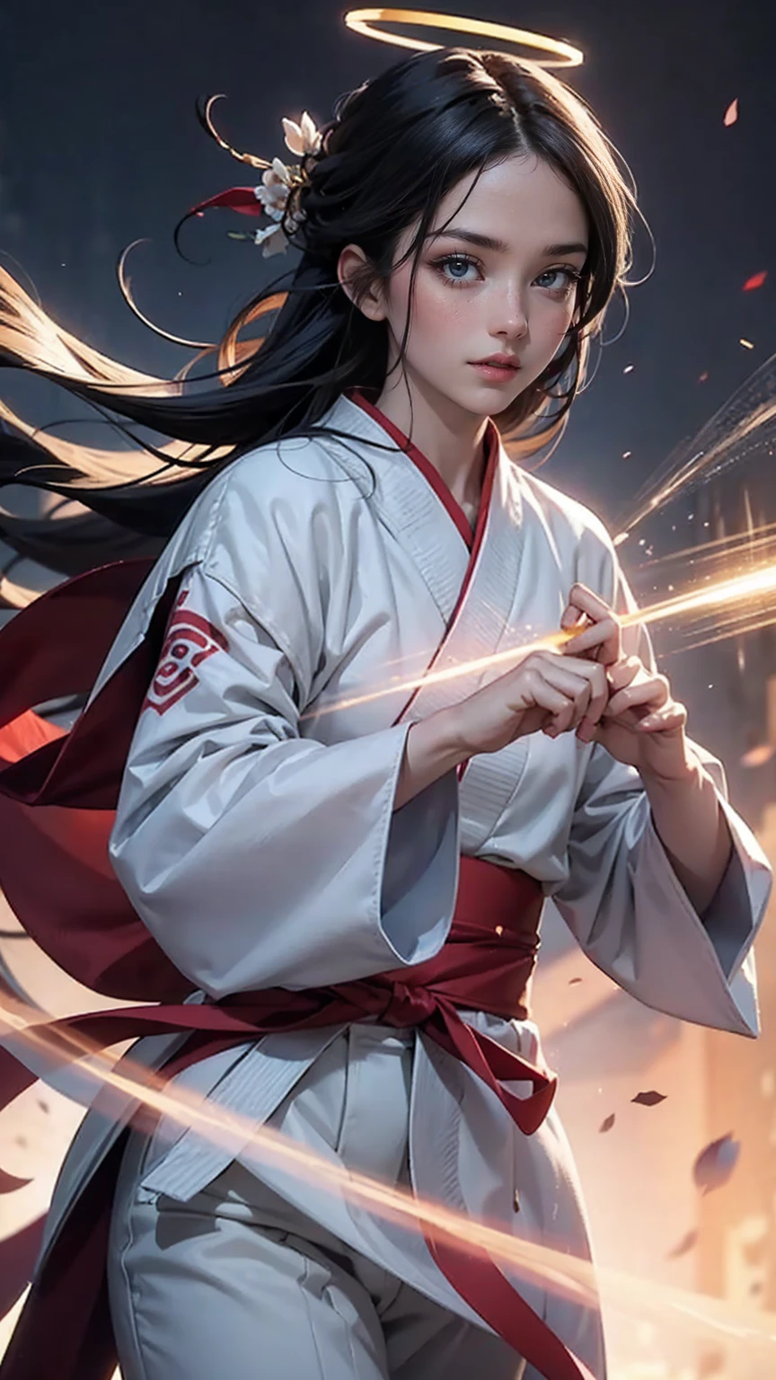 handsome chinese girl, clear eyes, clear facial features, wearing Hanfu, fighting stance, Martial arts moves, A body wrapped in purple mist, Runes around, holographic reality, holographic halo, motion blur, game light effects, edge light, soft light, movie edge light, delicate light, masterpiece, Super detailed, magnificent composition, super hd, high quality, 最high quality, 32k