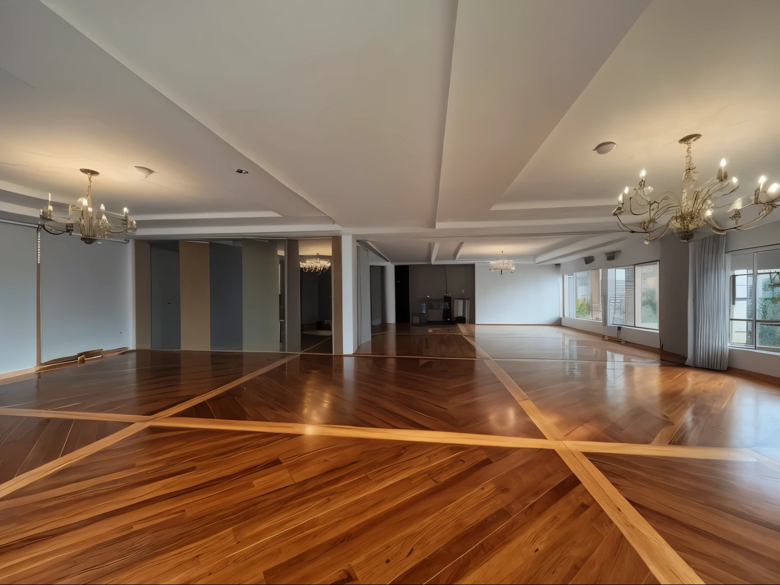 there is a room with a wooden floor and a chandelier, gran sala abierta, sala grande, Suelos de madera, Large room, espacio completamente lleno, vista a nivel del suelo, plano amplio detallado, vista a nivel del suelo, vista a nivel del suelo, Dentro del edificio, Gran piso abierto, pisos laminados, Big room, Mucho espacio, dance room, foto de 2022, mesas y sillas tipo tifannny , decoracion con rosas , velas blancas ,luz nocturna,
