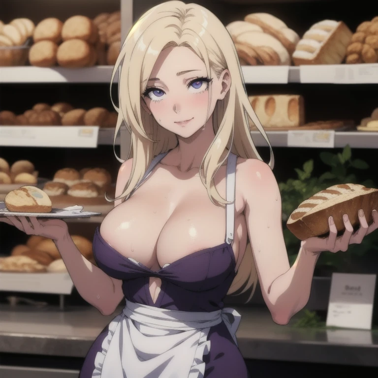 ((masterpiece, best quality, highres, UHD, perfect pixel, depth of field, 8k, RTX, HDR)), BREAK, 1girl, single, solo, beautiful anime girl, beautiful artstyle, anime character, ((long hair, blond hair)), (purple:1.4, rounded eyes, beautiful eyelashes, realistic eyes),big breast, without clothes wearing only a white apron, covered in sweat, blushing, with a smile, BREAK, holding a bitten bread in the hand, sexy pose in a pastry shop with shelves with a lot of bread.