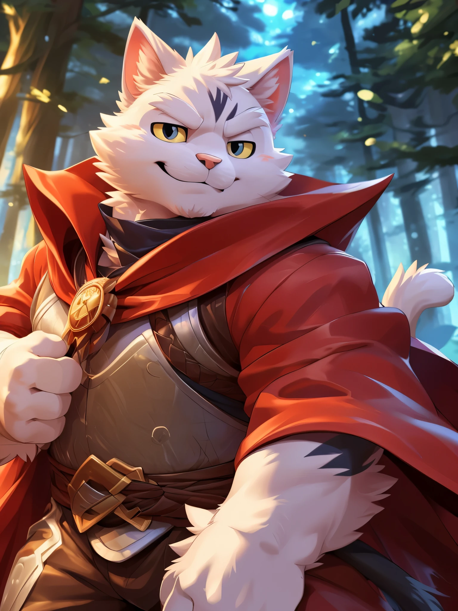 solo, ((fluffy fur, fluffy, furry body)), detailed fluffy fur, detailed face, detailed eyes, (dynamic pose), (ultra detailed), sharp focus, niji, eyesgod, furry, (knight costume, long red cherry cloak), white beard, anthro ((domestic cat, cat:1.5)), male, middle-aged, ultra detailed face, high details, high quality, (best quality,4k,8k,highres,masterpiece:1.2), by takemoto arashi, by kulplant, by null-ghost, by 69panda, dynamic lighting, looking at viewer, close-view portrait, (at magical forest:1.5), (smirk, furrowed eyebrow, half-closed eyes:1.4), cartoon style