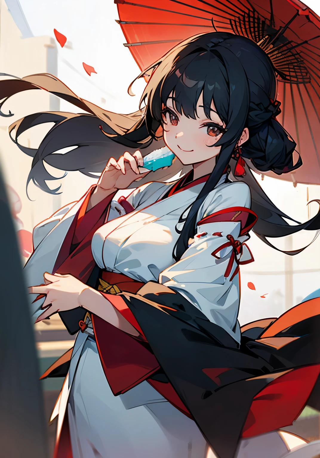 long black hair、woman、beautiful breasts、provocative smile、Summer festival、Have shaved ice、Yukata sleeves、Kimono sleeves