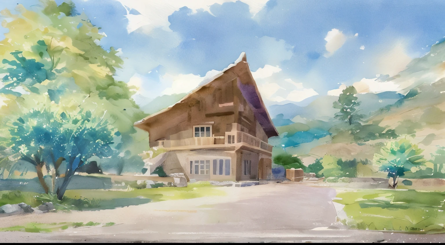 In watercolors, Detailed images, House with tile roof, stone wall, wooden pillars, Natural landscape of mountains and forests