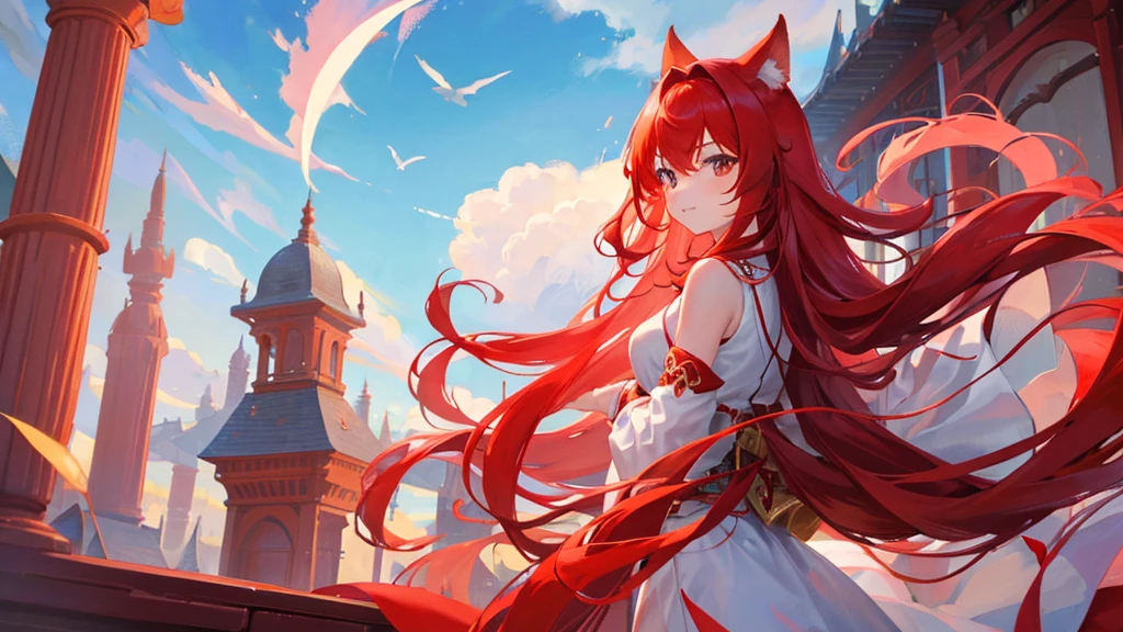 beutiful girl, red hair, nine tailed fox, royal clothes, 8k resolution, sky