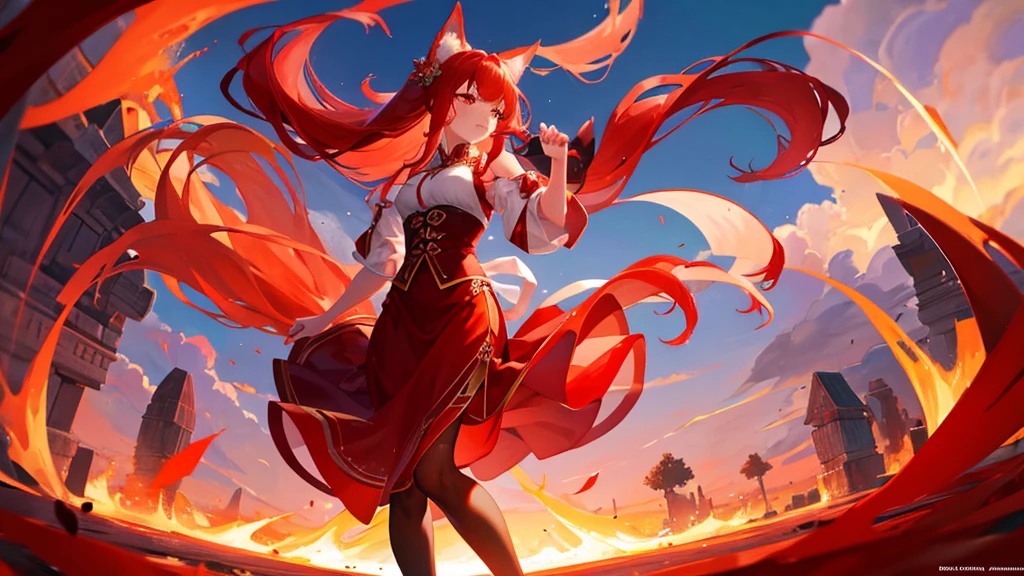 beutiful girl, red hair, nine tailed fox, royal clothes, 8k resolution, sky