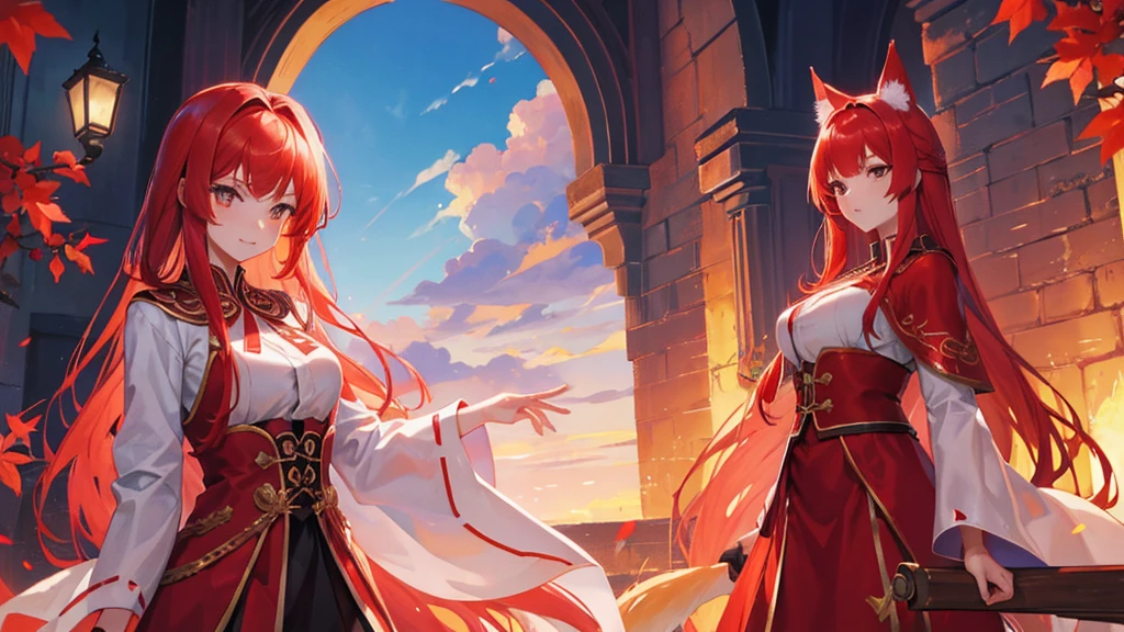 beutiful girl, red hair, nine tailed fox, royal clothes, 8k resolution, sky