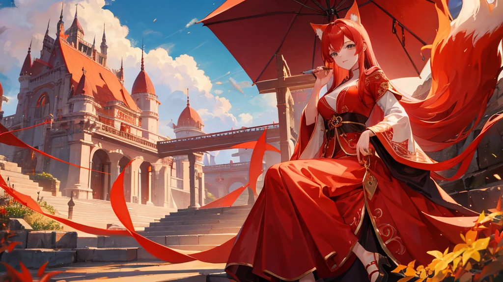 beutiful girl, red hair, nine tailed fox, royal clothes, 8k resolution, sky