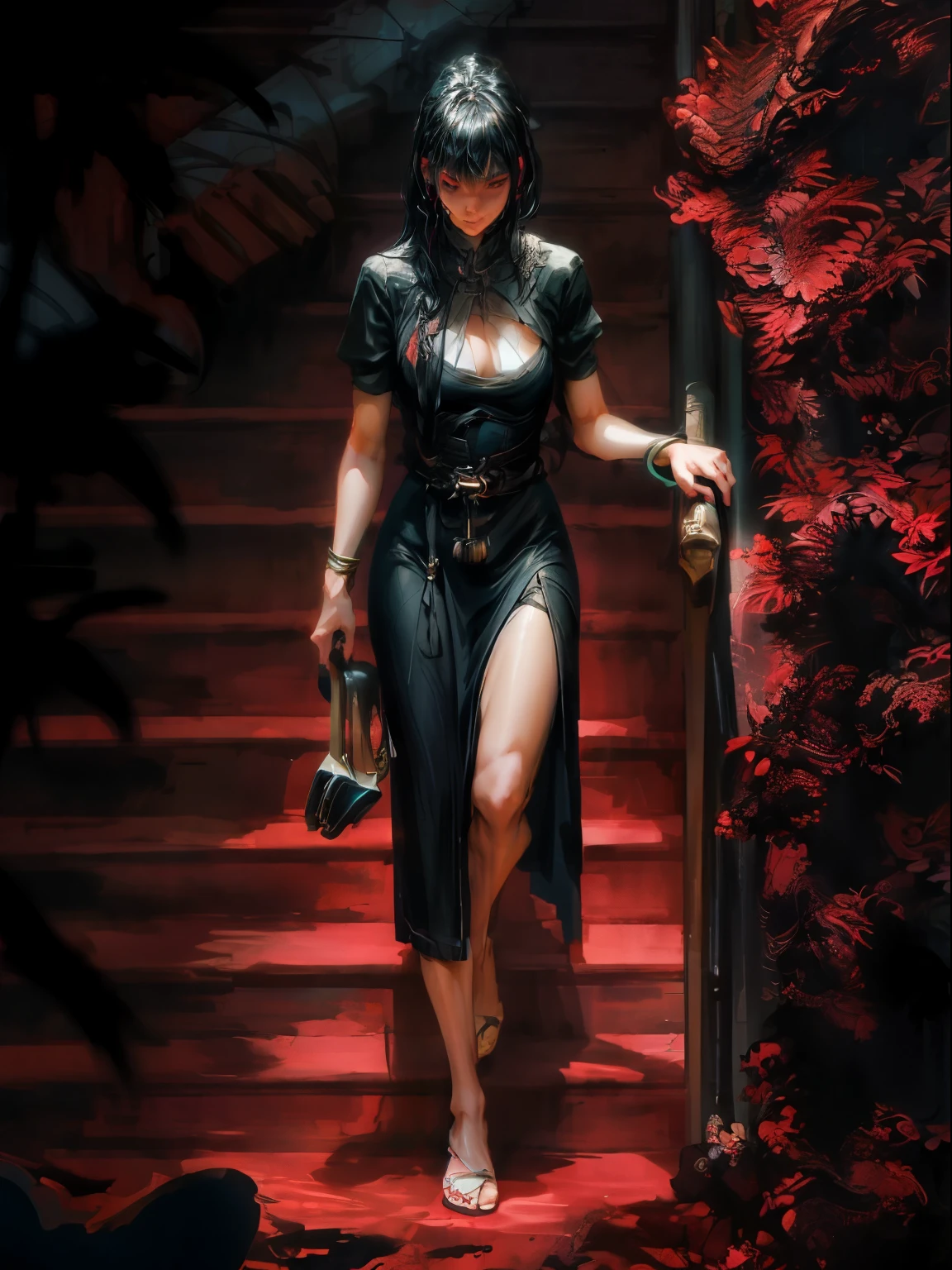 Mujer bajando unas escaleras con un zapatos en mano, mujer con vestido estilo japones en color negro, la mujer es delgada y sexy, mujer cabello negro, pintura detallada 4k, estilo de pintura digital, wloop con hermosos colores profundos, cushart krenz arte clave femenino, escena con ambiente oscuro con un contraste en rojo, escena iluminada con una luz mortecina que genera miedo, estilo wloop, obra de arte al estilo de guweiz, digital art of an elegant