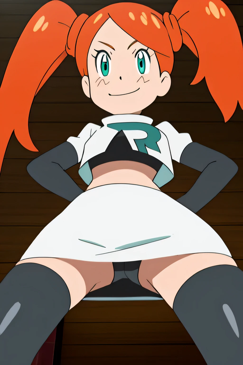 8k, masterpiece,highres, team rocket uniform, red letter r, white skirt,white crop top,black thigh-high boots, black elbow gloves, evil smile, looking down at viewer, hands on hips, cowboy shot, zettai ryouiki,spread legs,from below, black panties,anime style, vivid colors, sharp focus, intense lighting,sonia,side ponytail,orange hair, heart hair ornaments, aqua eyes, eyewear on head
