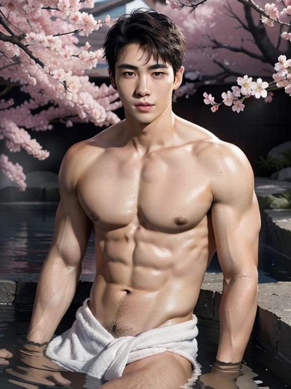 Naked man , Hot spring , hot spring with cherry blossom view , early afternoon, white towel  , nude ,realistic handsome Japanese face , modest muscles , masterpiece、A high resolution、hyperrealism、detailed face、solo、a men、glowing skin、(Asian)、(young、teenager)、Handsome、detailed background、Handsome