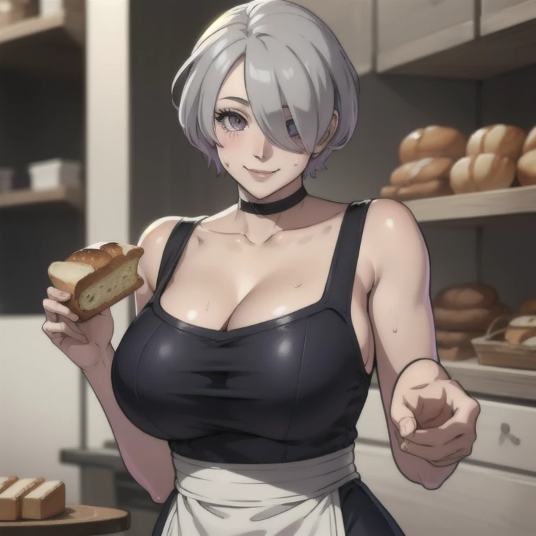 ((masterpiece, best quality, highres, UHD, perfect pixel, depth of field, 8k, RTX, HDR)), BREAK, 1girl, single, solo, beautiful anime girl, beautiful artstyle, anime character, ((short hair, grey hair)), (purple:1.4, rounded eyes, beautiful eyelashes, realistic eyes),big breast, without clothes wearing only a white apron, covered in sweat, blushing, with a smile, BREAK, holding a bitten bread in the hand, sexy pose in a pastry shop with shelves with a lot of bread.